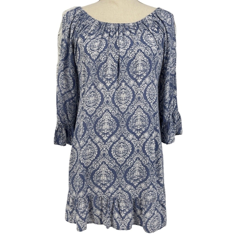 Jodifl Blue Damask Print Ruffle Off Shoulder Peasant Tunic Top Womens Medium